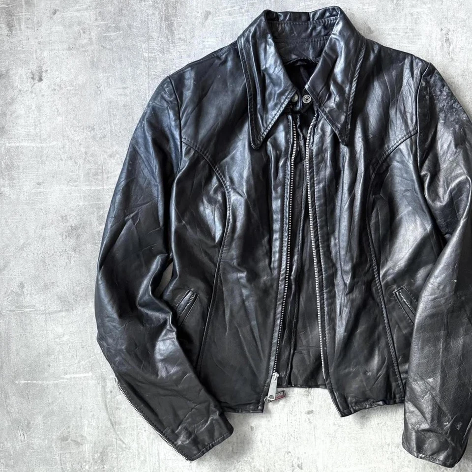 Vintage 70s Brooks USA Black Leather Dagger Collar Cafe Racer Motorcycle Jacket - Image 3 of 4