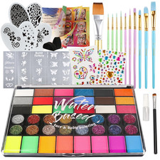 42 Color Face Painting Kit Water Activated Palette with Stencils Brush Gems