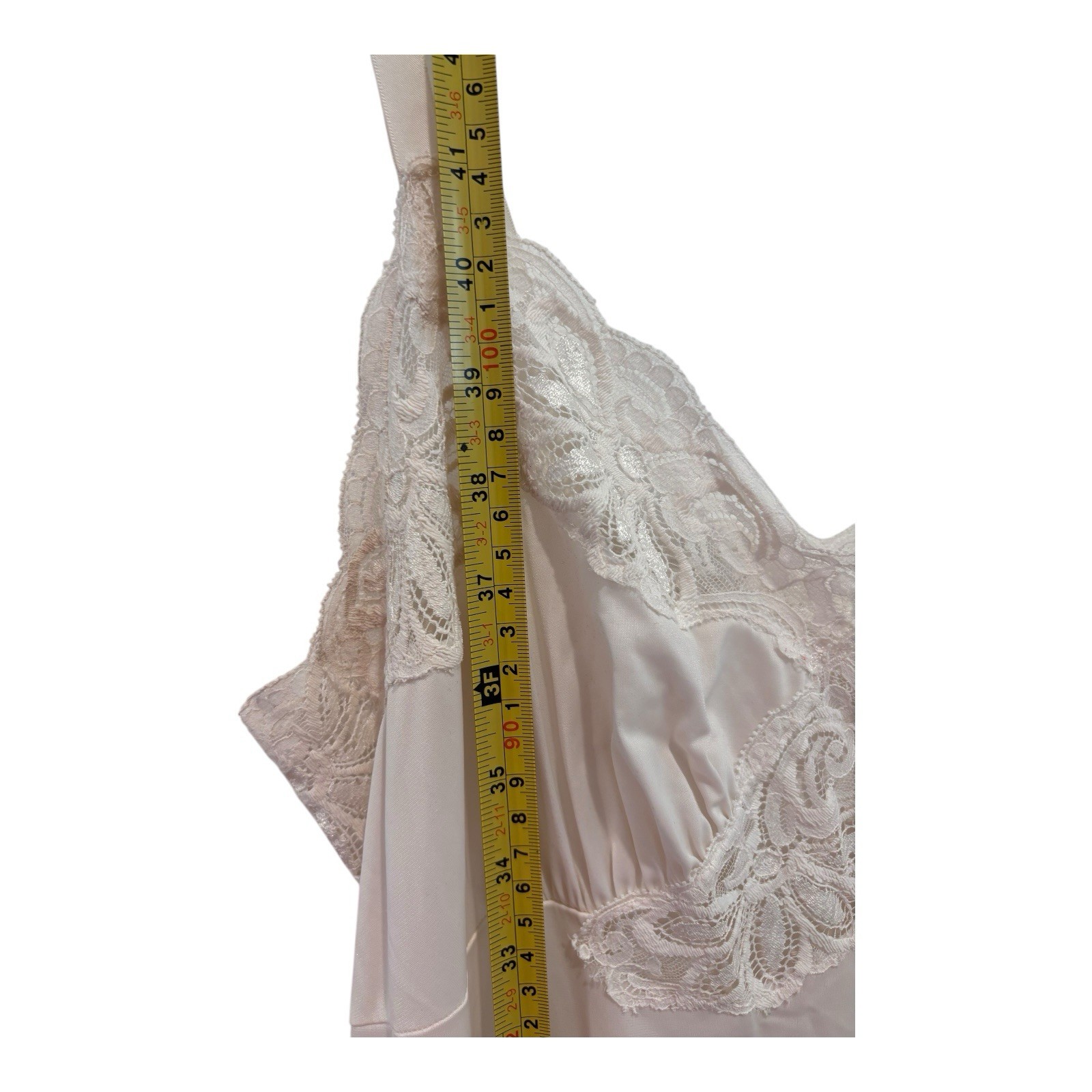 Shadowline Full Slip 36 Ivory Nylon Lace Trim Long Nightgown Vintage USA