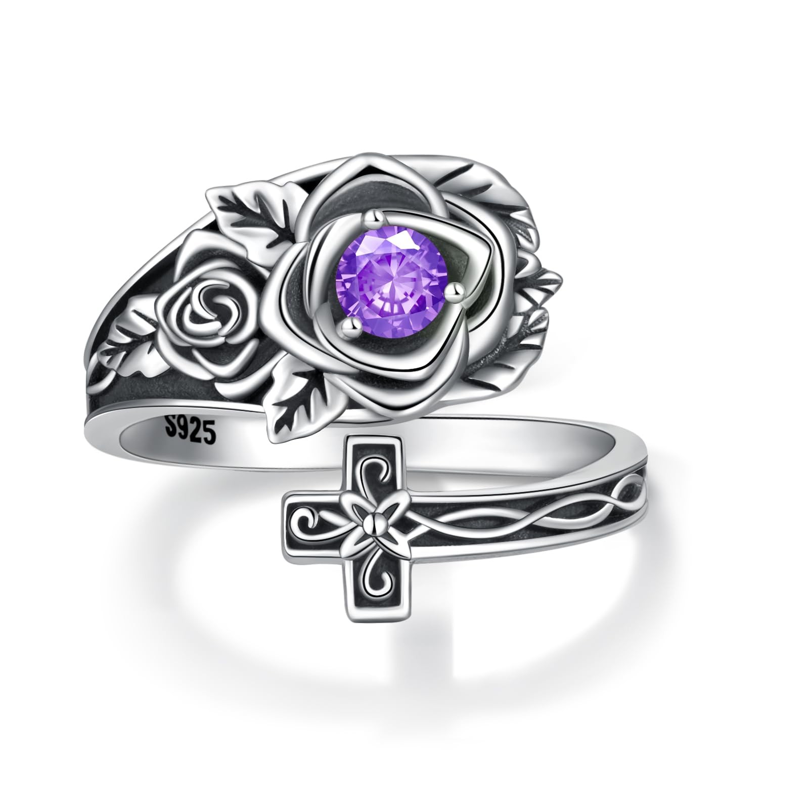 Sterling Silver Birthstone Spoon Ring – Adjustable Cross Rose Ring for Women,...
