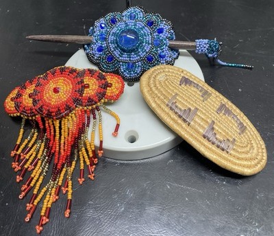 Handcrafted Beaded Hair Barrettes (2) And 1 Woven Oval Shape, Orange, Blue 4 .