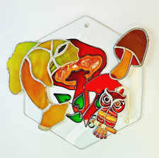 Vintage Hand-Cut Stained Glass Suncatchers Lot of 4, Owl, Mushroom, Fish, Groovy