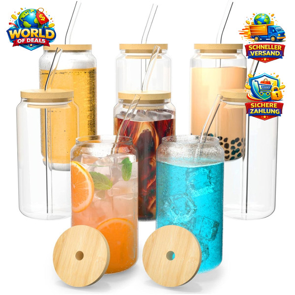 Trinkbecher Set 8Er Glas Mit Deckel Und Strohhalm 450Ml FüR Cocktails Eiskaffee-image