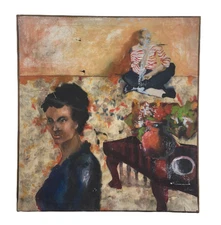 Vintage Original Portrait Still Life Oil Painting Large 34x36 Heavy Wear