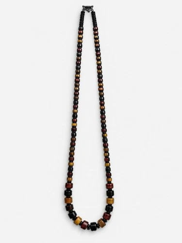 Gemstone & Wood Graduated Beaded Pattern Necklace 32" - product listing photo