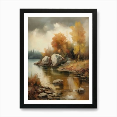 Herbstsee, Waldsee, Vintage Oi gerahmtes Wandbild Poster Leinwanddruck Bild