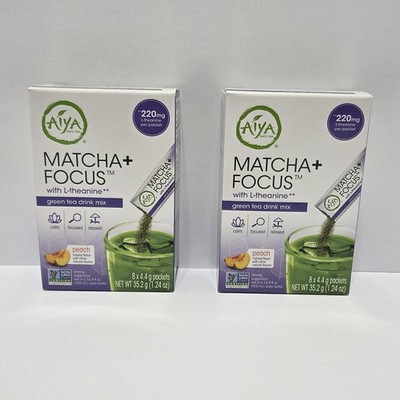 2x Aiya Matcha+ Focus with L-theanine Green Tea Drink Mix 8 Powder Packets Peach