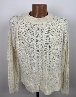Vintage Fisherman Sweater Mens XL 70s Ivory Acrylic Knit Cable Knit Raglan Ski