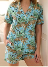 Print Fresh women s aqua blue Bagheera leopard shorts Pajama Set Small NWT