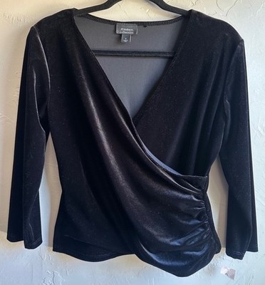 NWT Vintage Dressbarn Black Velvet Faux Wrap V-Neck Shirt Sz S Goth Y2K Wrap
