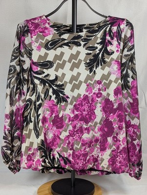Alfani Floral Paisley Blouse Sheer Sleeve Beige Pink Women's S 26.6.21-2