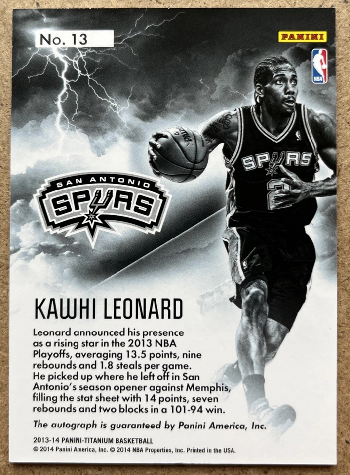 2013-14 NBA Panini Titanium San Antonio Spurs Kawhi Leonard Autograph #/249 - Image 2 of 3