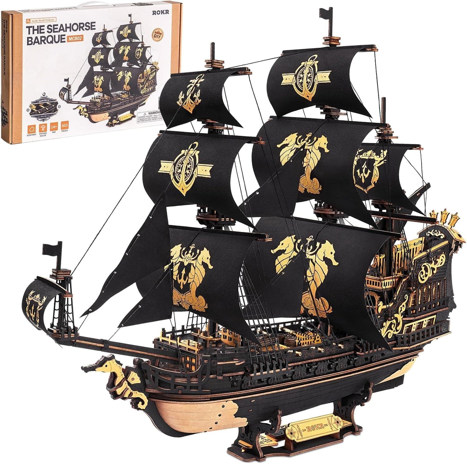 ROKR Build Your Own The Seahorse Barque 3D Wooden Puzzle for Ages 14+