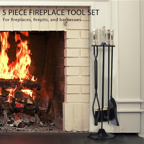 5pcs Fireplace Tool Set with Poker Tongs Broom Shovel Stand Brass Handle Tools - Picture 2 of 9