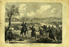 Battle for railway embankment at Villiers - book section 1870 wood engraving