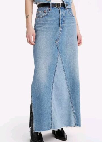 Levi's Iconic Long Denim Maxi Skirt Button Fly Side Slit Raw Hem SZ 30 NWOT