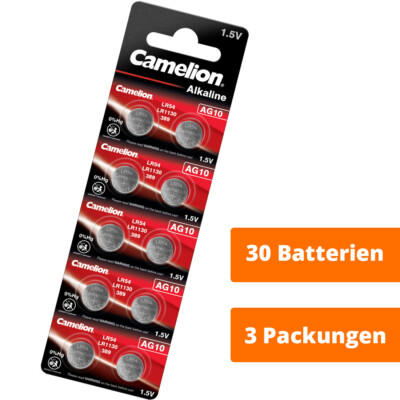 30 x Camelion AG10 LR1130 LR54 390 389 10GA 1891,5V Knopfzellen Uhrenbatterien