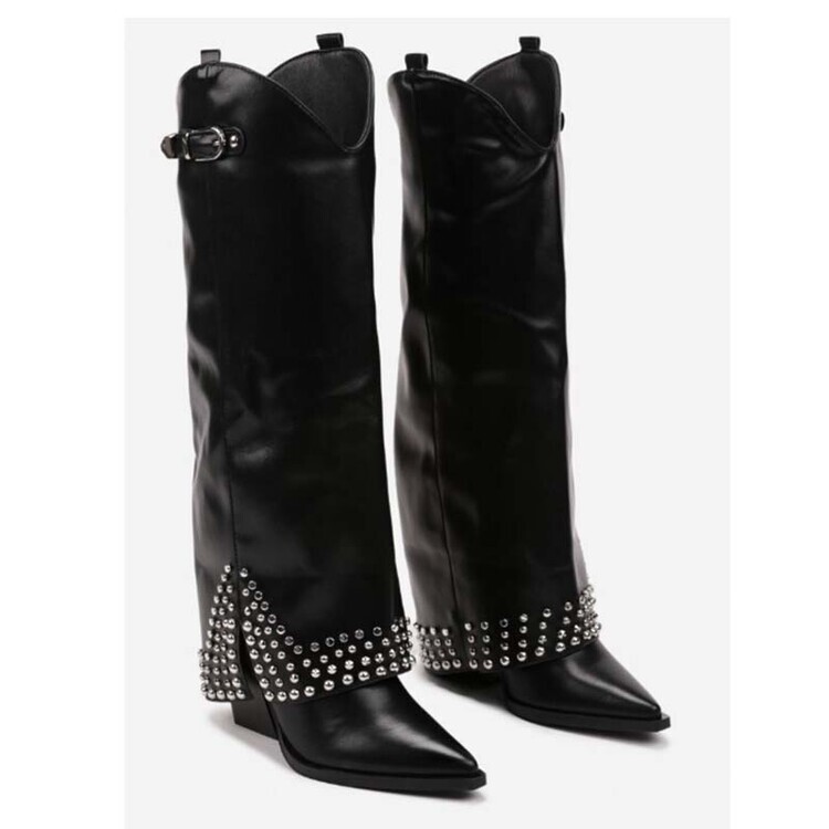 Womens Chic Pointy Toe Studs Buckle Strap Block Heel Knee