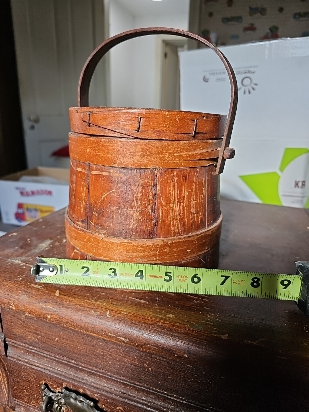 Vtg Primitive Wooden FIRKIN/Sugar Bucket 3 Fingers Wooden Swing Handle