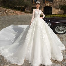 Luxury White Wedding Dresses Long Sleeve Appliques Buttons Back Bridal Gowns New