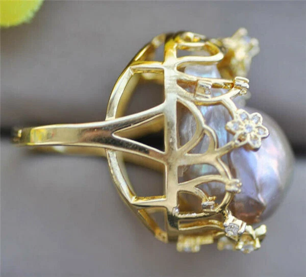 Huge 28mm Lavender Baroque Keshi Pearl gold-plating CZ Ring - Imagem 3 de 3