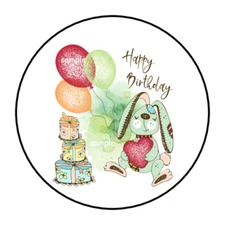 30 HAPPY BIRTHDAY STICKERS ENVELOPE SEALS LABELS 1.5" ROUND CUTE BUNNY BALLOONS