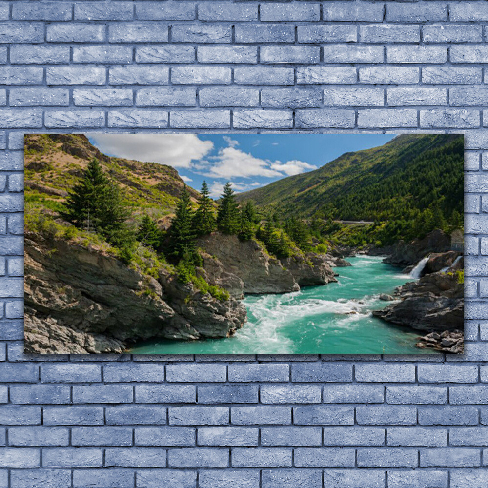 Paysage rivière des montagnes imprimé sur verre panoramique 140x70 cm pour mur