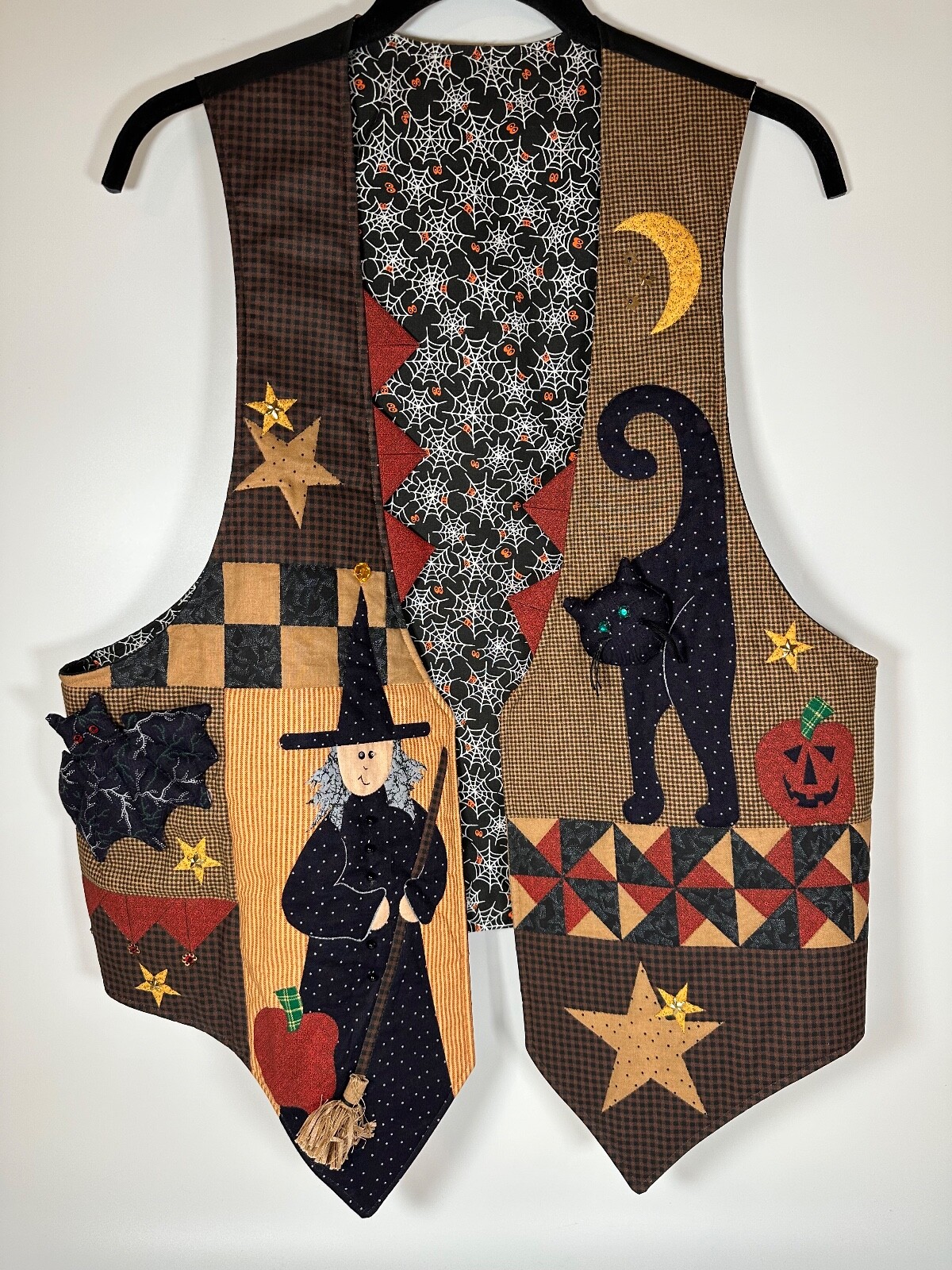 90s Halloween Vest 3D Handmade Black Cat Witch Bat Spider Webs Embellished
