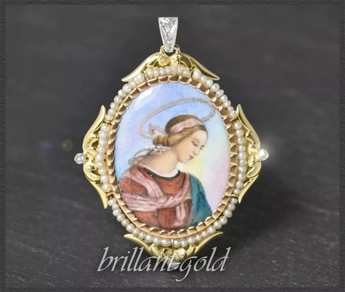 Enamel pendant "Mary, mother of Jesus", 14K gold, handmade, vintage from 1954