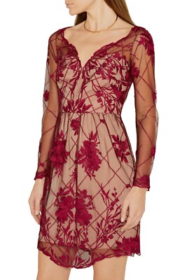 $795 NEW Marchesa Notte Embroidered Tulle Mini Dress Lace Burgundy Red Nude  6