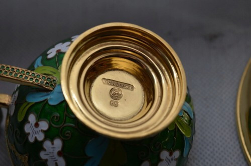 Filiżanka z podstawką Fabergé - srebro pr 84 Rosja - złocenie emaliowane 326 g - Zdjęcie 7 z 12