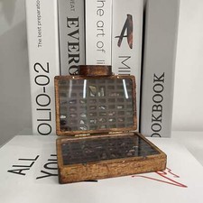 NNEDSZ Brown Vintage Wooden Display Box – Glass Lid Organizer for Rocks, Jewelry