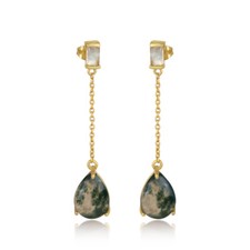 Teardrop Moss Agate Chain Earrings 18k Gold Plated 925 Silver Gemstone Jewelry