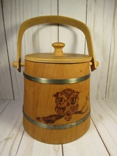VINTAGE Putney VT. Wood Covered Barrel Sugar Bucket Owl Design Basketville 8x6".