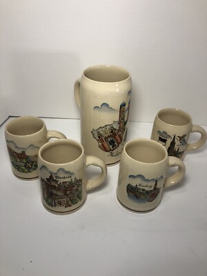 Vintage Western Germany Stoneware 5 Piece Set Mugs Stein Hamburg Munster