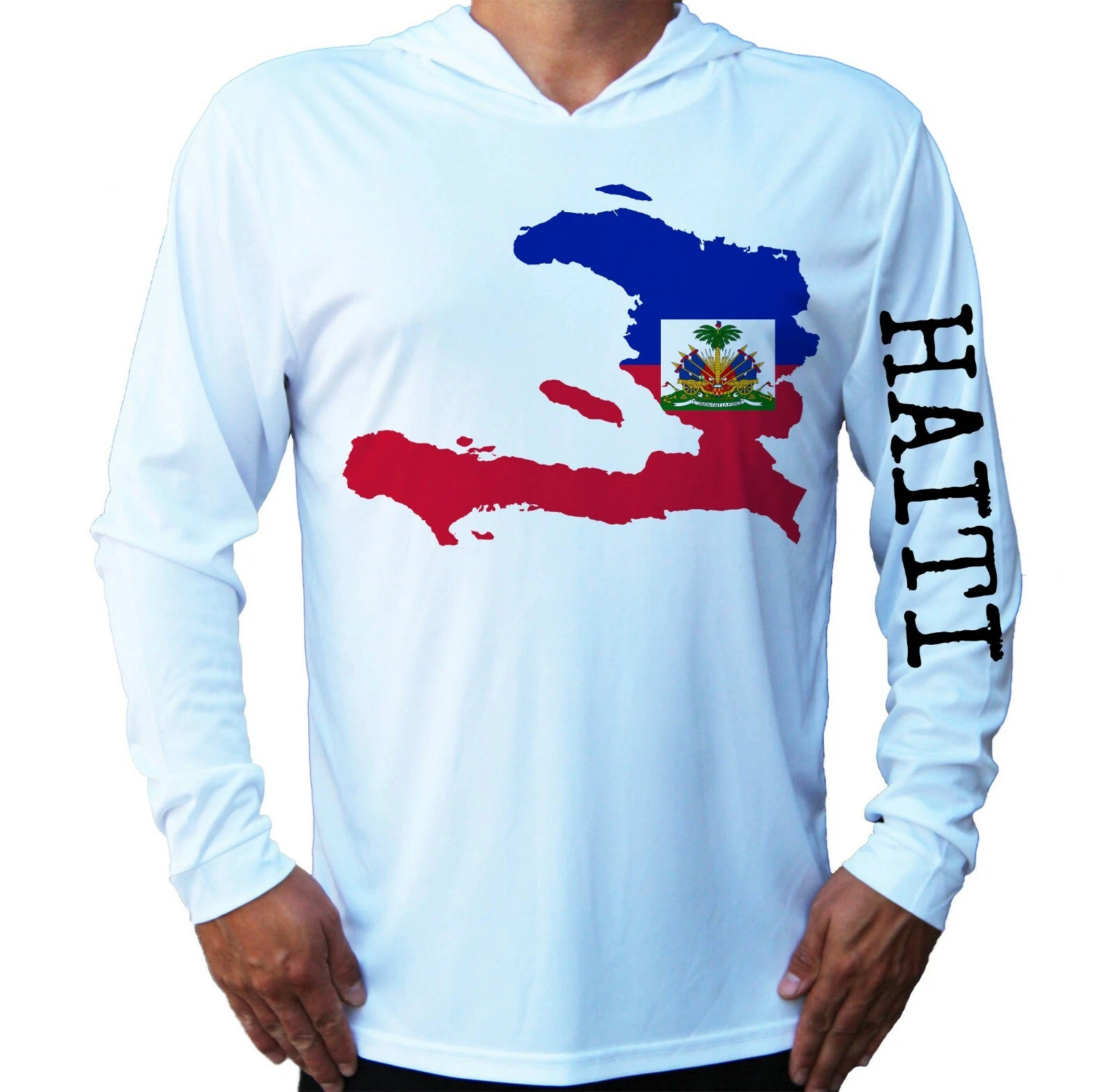 Haitian Flag Water Sport UV Protected UPF 50 Long Sleeve T-Shirt Hood Boat Beach