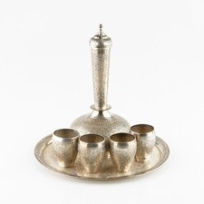 ANTIQUE VTG PERSIAN 90 SILVER DECANTER, 4 GOBLETS, TRAY