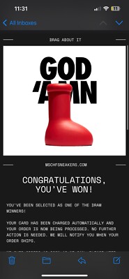 MSCHF Big Red Boot BRB Astro Boy Size 7  CONFIRMATION #  WILL SEND WHEN RECIEVED