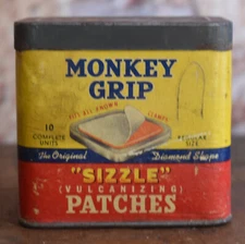 Vintage Monkey Grip Sizzle Vulcanizing Patches Cardboard Can w Tin Top
