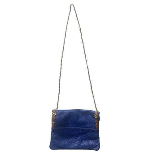 Italian Italy Leather Crossbody Purse Boho Fringe Embossed Floral Blue Gold NWOT - Picture 3 of 12
