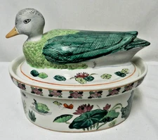 Vintage Mid Century Duck Tureen Serving bowl w/ Lid ceramic Chinoiserie 10 x 7.5