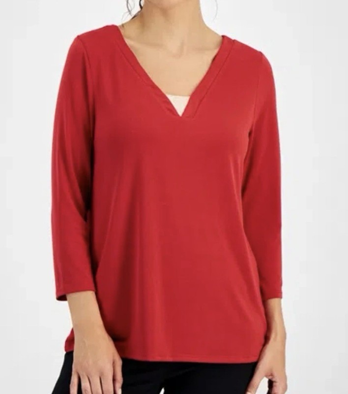 JM Collection Top V-neck Jeweled Neckline 3/4 sleeve Blouse Red Size SP