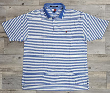 TOMMY HILFIGER Polo Shirt Vintage 90's Mens XL Blue/White Striped Spell Out Flag