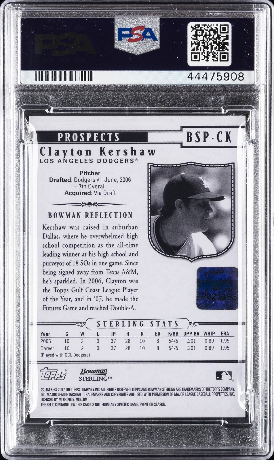 2007 BOWMAN STERLING PROSPECTS AUTO JERSEY #BSPCK CLAYTON KERSHAW PSA 10 view 2