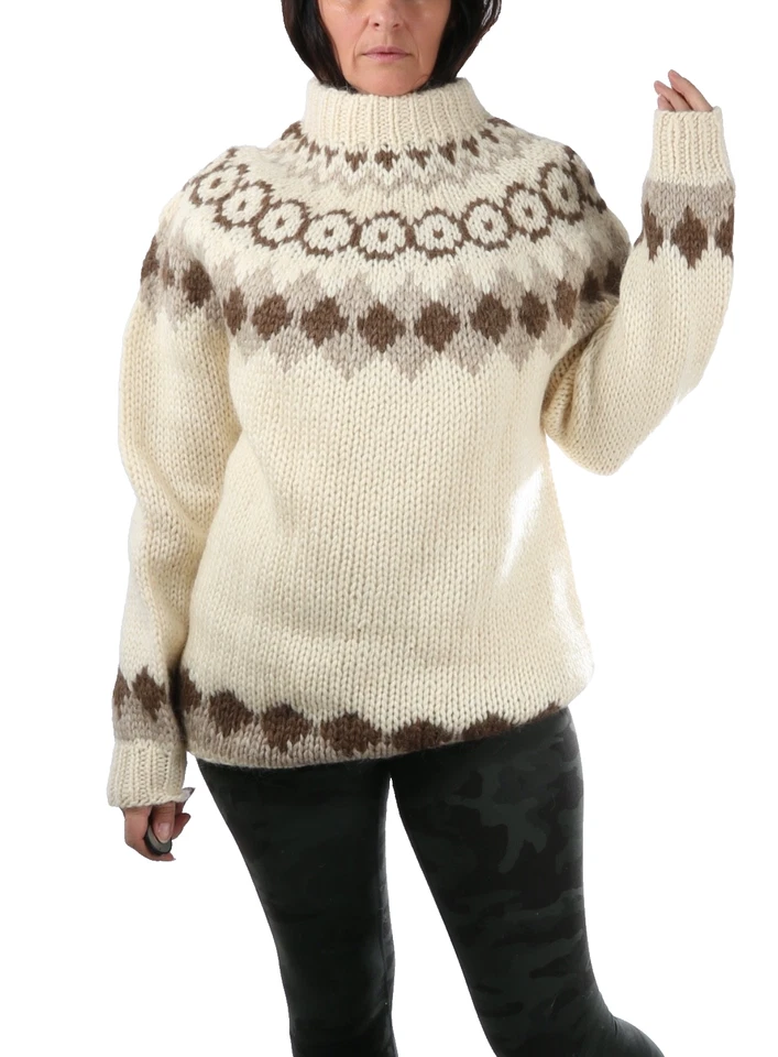 Suéter tejido a mano de lana pura marrón crema vintage talla L hecho en Islandia Foto 2 de 4