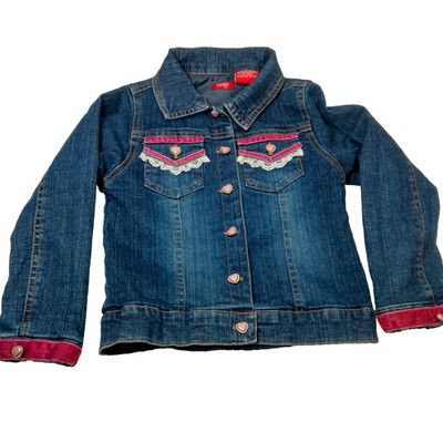 ESPRIT Kids Jean Jacket Girls Size 5 Blue Denim Pink Hearts Button Up Lace Denim