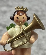 Vintage Mini German Erzgebirge Wood Angel Playing Tuba Hubrig Volkskunst