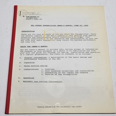 GENUINE ORIGINAL - Krell KSL Series Pre-Amplifier  Owner / User Manual