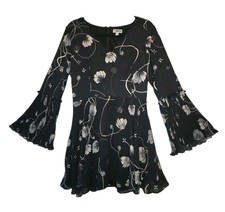 Chelsea28 Black Floral Mini Dress Womens Small Fit & Flare Long Bell Sleeves