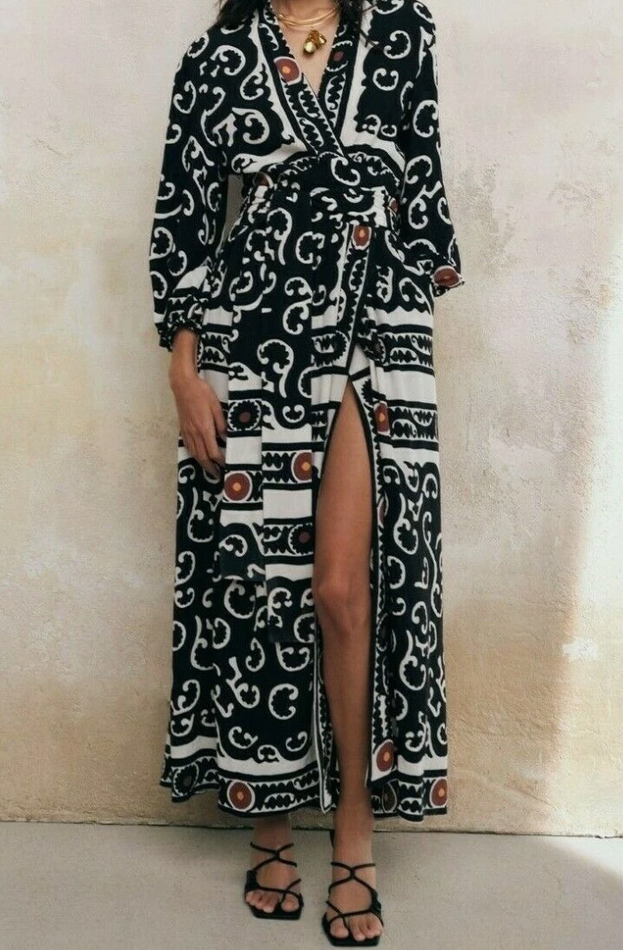 NEW ZARA ECRU PRINTED WRAP KIMONO STYLE LONG DRESS SIZE L 2740/154 RARE image 4